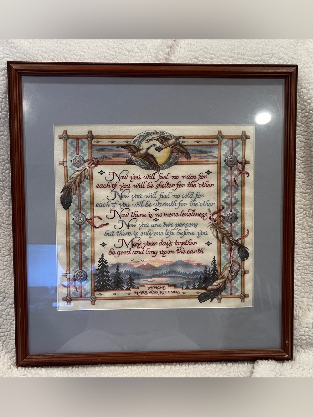 Completed Finished Framed  Cross Stitch Apache Marriage Blessing, excellent